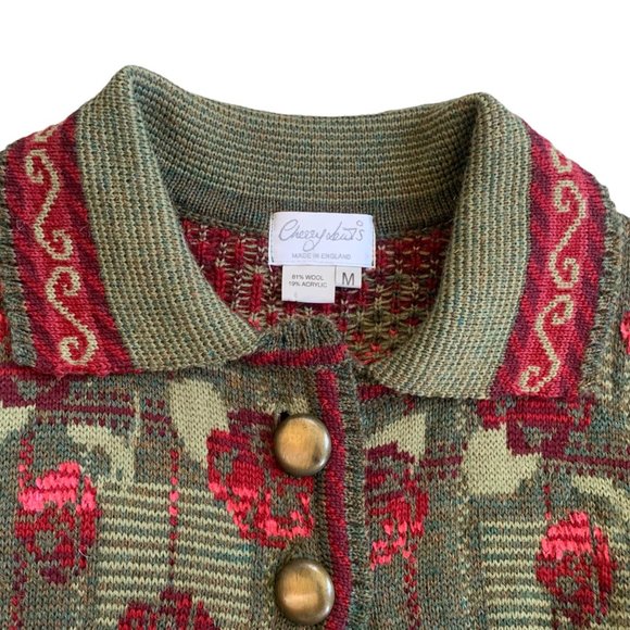 Vintage Cherry Lewis Floral Chunky Knit Wool Sweater Cardigan - Picture 2 of 7